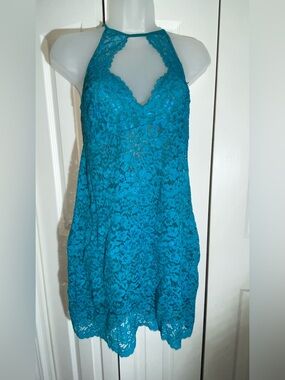Vtg Soma Lace Mini Sleep Dress Turquoise Slip Intimates Small Sheer AA19